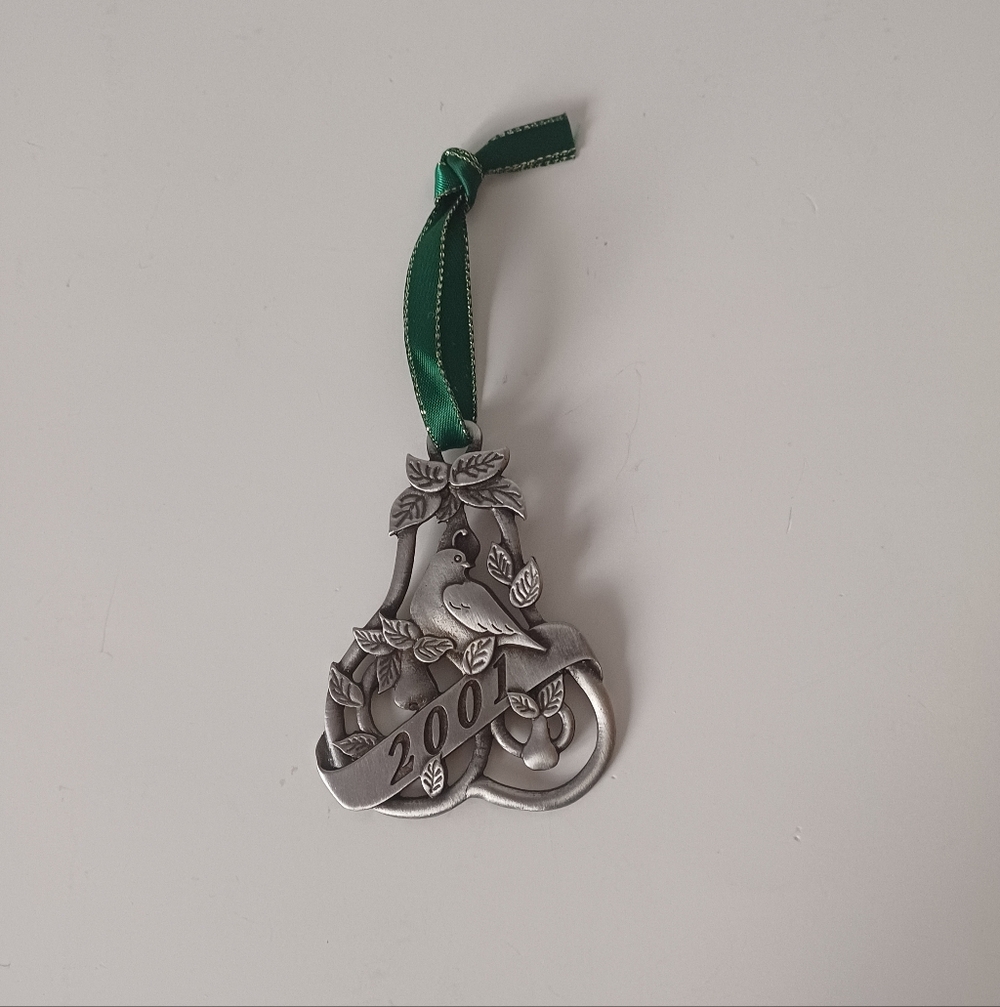 AVON Collectible 2000s Pewter Partridge Christmas Ornament with Green Ribbon